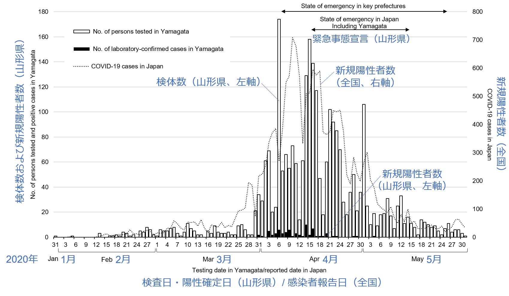山形県における2020年1月から5月の新型コロナウイルス感染症検査数および陽性者数